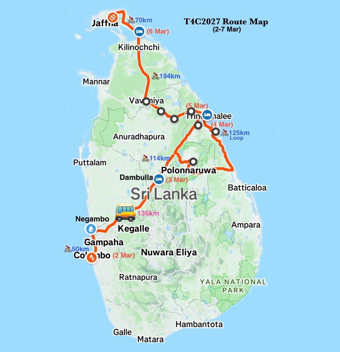 map of the route through Sri Lanka